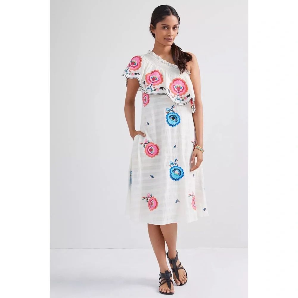 Anthropologie Plenty by Tracy Reese Embroidered One-Shoulder Maxi Dress